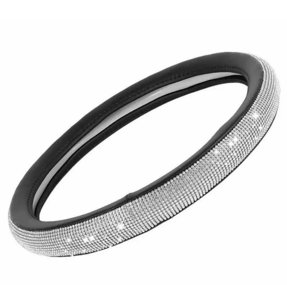 Crystal Bling Rhinestone Car Steering Wheel Cover 15'' 38cm Black PU Leather